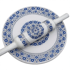 Royal Rajasthani Blue Floral Heavy Marble Chakla Belan Set Handcrafted Printed <b>Rolling</b> Board with <b>Wooden</b> Belan for Roti Chapati - Product Image 1