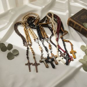 Chapelet Catholique en Bois 8*10mm avec Croix de Jésus, Collier Saint Plaqué Bronze Antique, Christianisme, Pâques, Église - Product Image 1