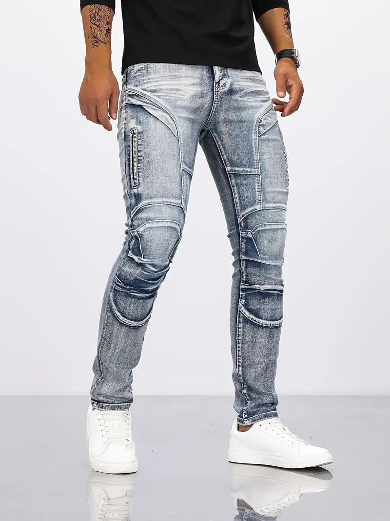 Men's Stretchy Ripped Skinny Biker Embroidery Jeans
