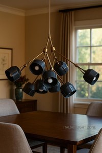 Lustre Sputnik en laiton de style moderne du milieu du siècle, globe bleu et blanc, luminaire suspendu pour salon, salle à manger - Product Image 6