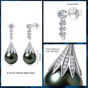 Orecchini Pendenti con Perle Nere di Tahiti Rikitea 9-11mm, Perle Naturali AAAA, Argento Sterling, Moissanite, Gioielli da Matrimonio - Product Image 4