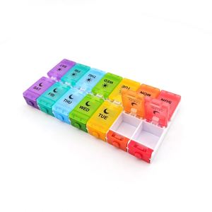 Personnalisation de produits en plastique PP, boîte à pilules de 7 jours de couleur arc-en-ciel, 14 compartiments, boîtes à pilules hebdomadaires, logo personnalisé - Product Image 1