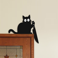 Décoration de porte d'Halloween en bois écologique, chat noir avec couteau, taille personnalisable, toutes sortes de coins, panneau de porte, décoration de coin de porte