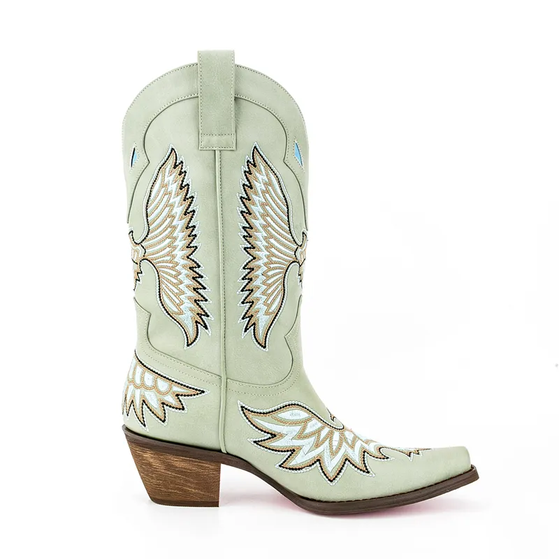 WETKISS – bottes de cow-boy à talons épais pour femme, bottes de Cowboy à mi-mollet avec broderie, marque personnalisée Texas Western