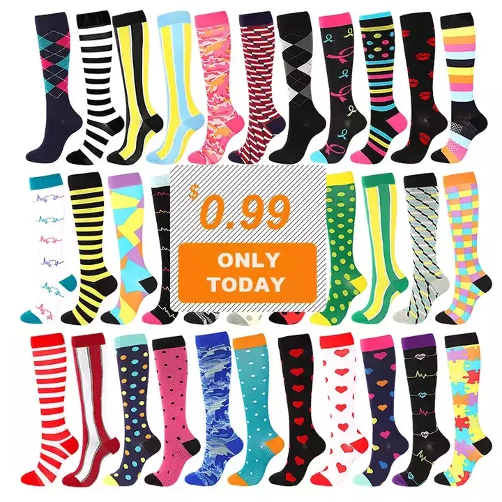 Hot Sale Plus Size 20-30mmhg Unisex Running Athletic Stocking Custom Knee High Fancy Nurse Medical Sports Compression Socks