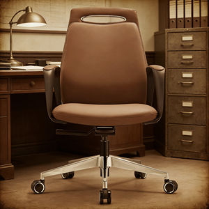 Chaise <span class=keywords><strong>de</strong></span> <span class=keywords><strong>bureau</strong></span> ergonomique pivotante à dossier moyen en cuir café avec roulettes silencieuses en PU pour bureaux rétro - Product Image 2
