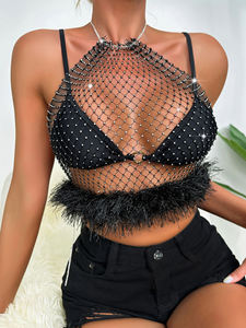 Top à manches longues en <span class=keywords><strong>maille</strong></span> noire avec strass et cristaux, crop top de festival, veste en fausse fourrure à <span class=keywords><strong>maille</strong></span> - Product Image 1