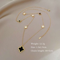 Chaîne à maillons multi-trèfles 98+5cm réglable en acier titane plaqué or 18K avec pendentif trèfle porte-bonheur en agate, cadeau tendance pour femmes
