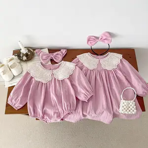 Hot Sale 100% Cotton Woven Fabric Adorable Baby Bodysuit Long Sleeves Solid Baby Girl Bubble Romper