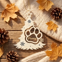 Ornement de Noël personnalisé avec empreinte de patte d'animal, lettre nominative sur mesure, élégant, marron doré, patte de chien ou de chat, décoration suspendue en acrylique pour Noël