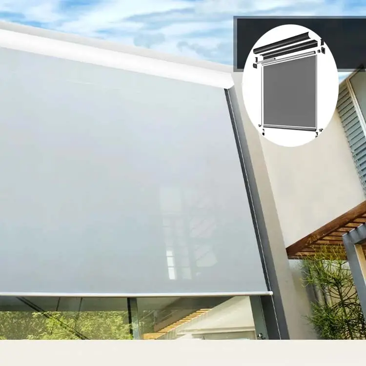 Pérgola de aluminio para exteriores de 5m como máximo, cortina opaca para exteriores, pista motorizada con cremallera, persianas enrollables horizontales