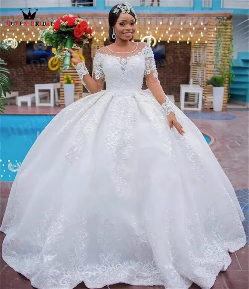 2023 아프리카 여자 플러스 크기 환상 긴 소매 신부 가운 웨딩 드레스 클래식 웨딩 드레스