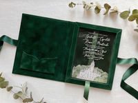 Boîte d'invitation de mariage personnalisée en velours vert émeraude luxueux, avec monogramme en feuille d'or, boîtes de souvenirs personnalisées