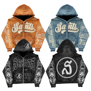 Áo hoodie nam thiết kế mới, khóa kéo, chất liệu cotton acid wash, kiểu dáng đường phố, chất liệu vải thun Pháp, thêu hình vá, in họa tiết cổ điển, kiểu dáng cũ kỹ - Product Image 1