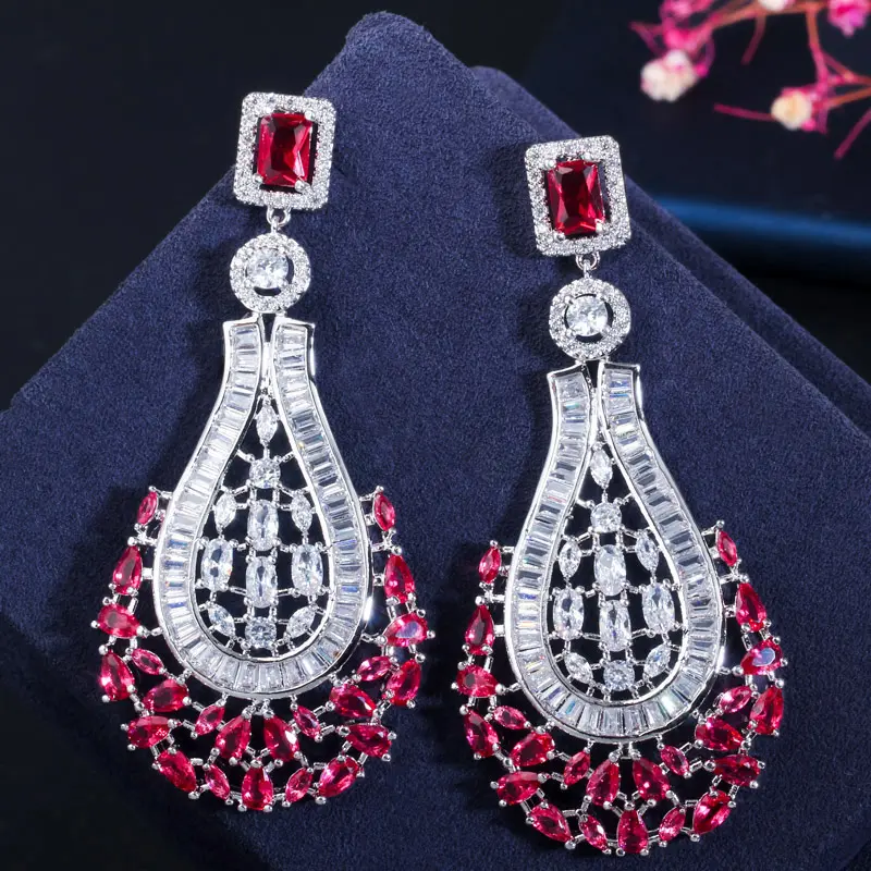 70mm Luxury Statement Large Dangle Drop Rose Red CZ Earrings for Women Vintage Wedding Bridal Party Costume Jewelry Accessories