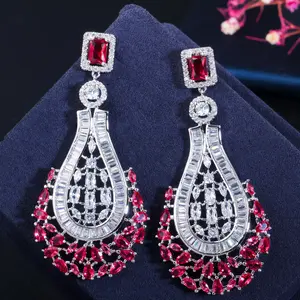 70mm Luxus Statement Large Dangle Drop Rose Rot CZ Ohrringe für Frauen Vintage Hochzeit Braut party Kostüm Schmuck Zubehör