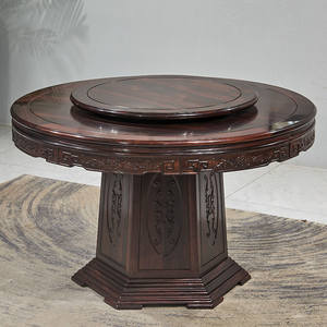 Set di Tavolo da Pranzo e Sedie in Palissandro Nero Indonesiano Standard Nazionale, Stile Classico Cinese con Giradischi in Palissandro a Foglia Larga Intagliato - Product Image 6