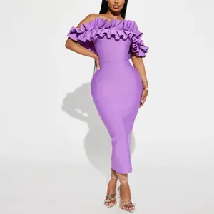 Clothing Manufacturer Custom Sexy Evening Dresses Midi Length Off The Shoulder Ruffle Neck Fashion Trendy Summer Dress For Women