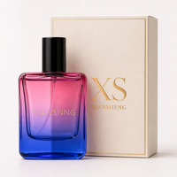 Flacon de parfum en verre rechargeable dégradé rose-bleu avec boîte cadeau, logo personnalisé, vaporisateur atomiseur vide à fine brume 50ml/100ml