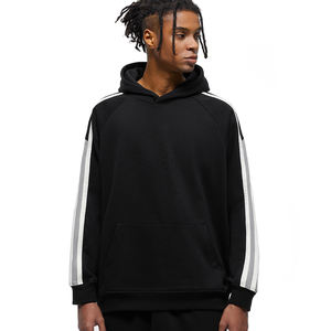 Sweats à capuche streetwear de haute qualité à manches raglan, 100% coton, personnalisés, noirs, à épaules tombantes, avec bande latérale pour hommes - Product Image 4