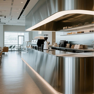 Comptoir de réception d'hôtel en acier inoxydable poli en forme de L moderne en gros pour café, centre commercial, écologique, personnalisable - Product Image 1