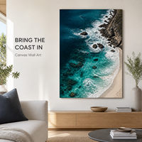 Impression murale aérienne de la côte turquoise, paysage marin de récif et de plage pour salon, hôtel, complexe hôtelier, intérieurs côtiers