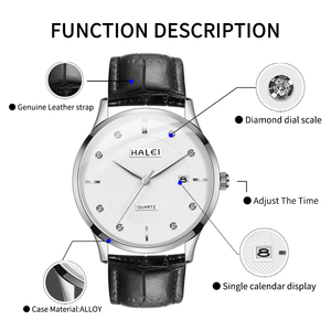 Envío Directo HALEI Nuevo Reloj de Cuarzo Original con Correa de Cuero, Pantalla Analógica, Esfera con Diamantes, Resistente al Agua 3BAR, Movimiento Japonés - Product Image 5