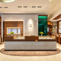Comptoir et vitrine de présentation de bijoux en bois sur mesure avec meubles de bijouterie en verre LED et marbre pour l'aménagement de magasins de détail de bijoux