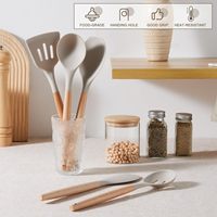 Ensemble d'ustensiles de cuisine 5 pièces avec manche en bois, outils en silicone antiadhésifs, spatule, cuillère ajourée, non toxiques et résistants à la chaleur