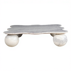 โต๊ะกาแฟหินอ่อน โต๊ะกลางทรงประติมากรรมทันสมัย หินธรรมชาติพร้อมท็อปโค้งมนดีไซน์ศิลป์และขาทรงกลม เฟอร์นิเจอร์หรูหรา - Product Image 1