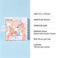 Carnet à spirale carré B6, 80 feuilles, 80 g/m², couverture ondulée, breloque acrylique, 5 motifs, papeterie étudiante Kawaii, vente en gros