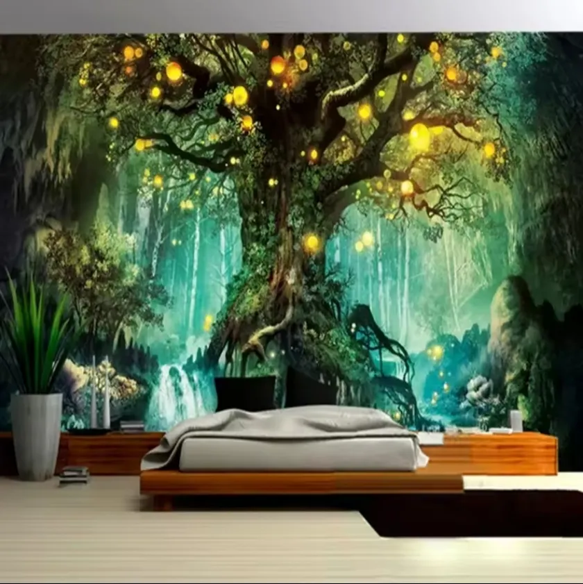 วอลล์เปเปอร์ภาพ 3d โรแมนติก Fantasy ป่าต้นไม้มือทาสีภาพจิตรกรรมฝาผนังห้องนั่งเล่นเด็กห้องนอนพื้นหลังผนังกระดาษ