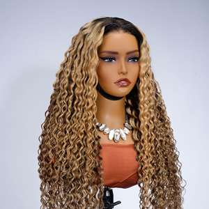 Listo para ir 100% Pelucas de cabello humano Rubio miel <span class=keywords><strong>Balayage</strong></span> <span class=keywords><strong>en</strong></span> marrón Pelucas de cabello humano rizado profundo Cierre Pre-Todo Peluca sin pegamento - Product Image 2