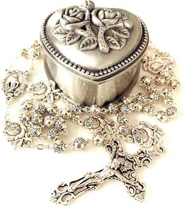 Rosario Católico con Cuentas Plateadas, Estuche para Rosario, Caja <span class=keywords><strong>de</strong></span> Regalo con <span class=keywords><strong>Cruz</strong></span>, Crucifijo - Product Image 1
