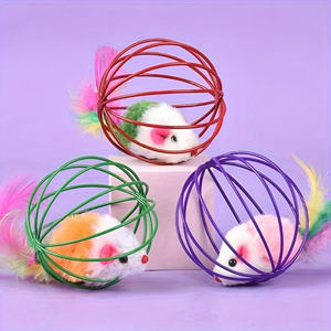 Juguete para Gatos Playpal, Jaula con Ratón de Juguete y Pluma Artificial, Mini Jaula con Pelota, Juguete de Auto-Juego para Gatos, Color Aleatorio - Product Image 3