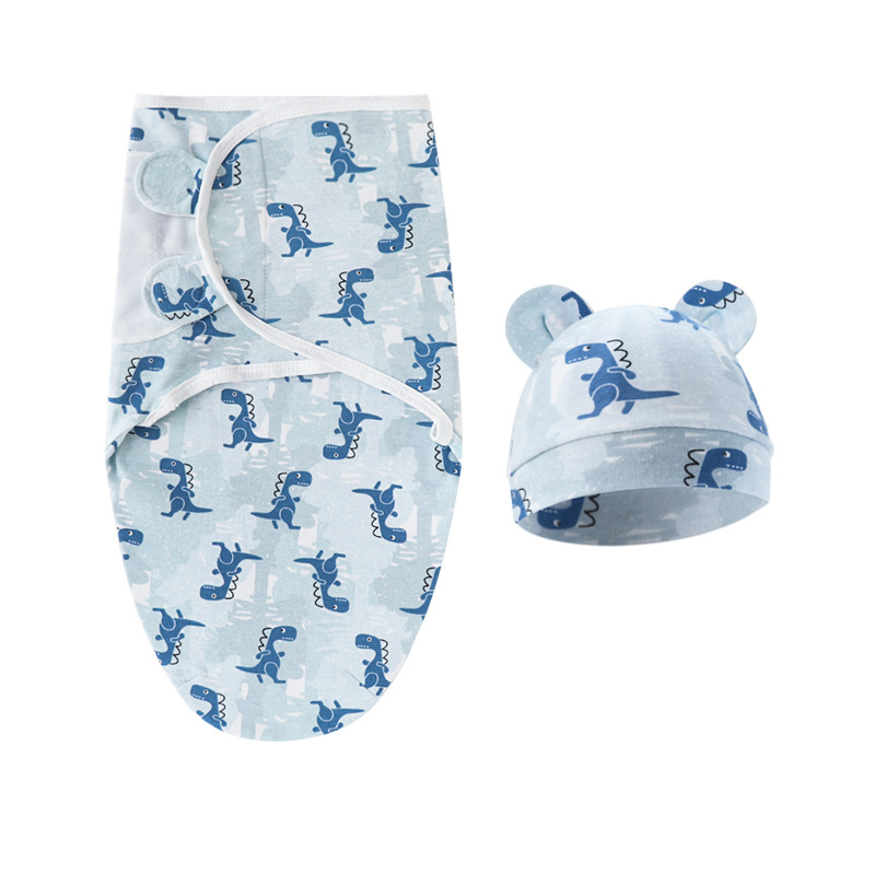 Light blue dinosaur-swaddle blanket + hat