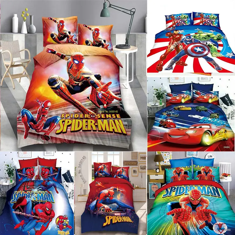 Комплект постельного белья для мальчиков, с пододеяльником, с изображением Человека-паука, автомобилей Маккуин, Капитана Америка, мультяшная простыня, покрывала для мальчиков, подарки/