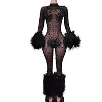 Sexy Rhinestone Plumes Bodycon Barboteuses Plus Size Singer Dancer Bodys Stripper Festival Vêtements Femmes Club Party Jumpsuits