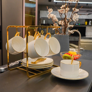 Golden Rim Ceramic Coffee <b>Cup</b> <b>Set</b> With Metal Rack Six Piece For Party Use - Product Image 2