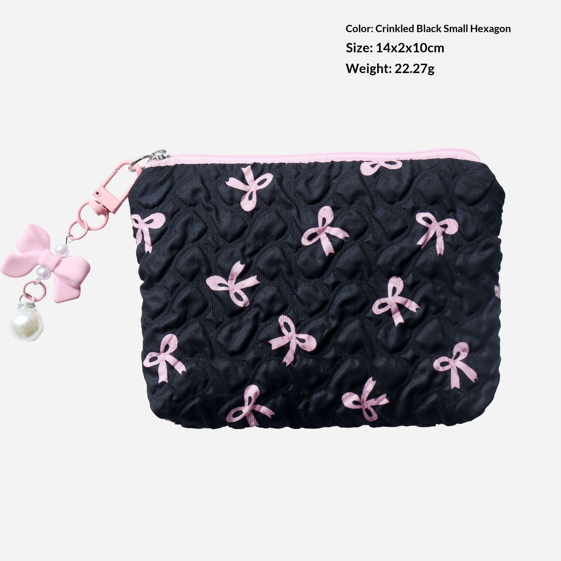 Petite trousse de maquillage hexagonale noire avec nœud rose