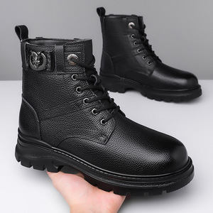 Martin <b>Boots</b> Men <b>Winter</b> Ankle High Leather Lace-up <b>Work</b> <b>Boots</b> Round Toe Rubber Sole Warm Cotton Lined Solid Style - Product Image 4