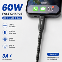 Cable USB-C a USB-C de 1.5m, Negro, Nylon, PD60W, 3A, Carga Rápida, Cobre Estañado, para Teléfono Móvil, Computadora y Tablet, 1 Unidad