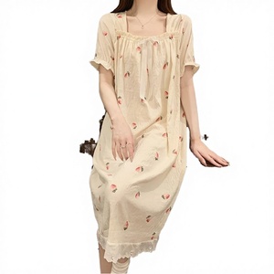 Ensemble pyjama d'été en coton respirant imprimé pour femme, nuisette mignonne tricotée, taille élastique douce, longueur genou, manches courtes, tenue d'intérieur - Product Image 4