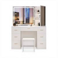 Coiffeuse moderne blanche 1000-1200 mm avec miroir LED éclairé et tabouret, 5 tiroirs, pour chambre à coucher