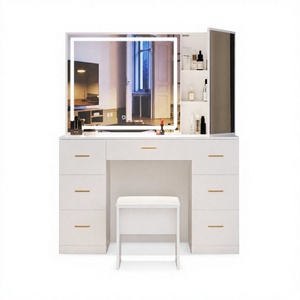 <span class=keywords><strong>Coiffeuse</strong></span> moderne blanche 1000-1200 mm avec miroir LED éclairé et tabouret, 5 tiroirs, pour chambre à coucher - Product Image 1