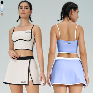 Conjunto de 2 piezas para mujer, ropa deportiva de cintura alta, falda de tenis, Sujetador deportivo de dos colores, Yoga, gimnasio, sin espalda, K4558, venta al por mayor - Product Image 1