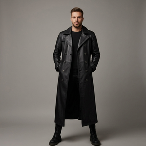<b>Men</b> Genuine Leather <b>Long</b> Trench <b>Coat</b> Notched Lapel Double Breasted Overcoat With Pockets Regular Fit - Product Image 1