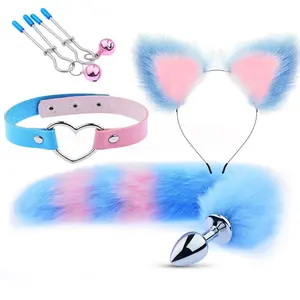 4Pcs Blue Black White Fur anal plug with ears Collar Breast clip Set Stainless Steel Fox Tail Anal Plug For Female