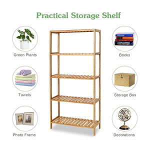 מדף אחסון במבוק בן 5 קומות לאמבטיה, מעמד תצוגה, מעמד לעציצים ופרחים, מדף ספרים גבוה - Product Image 4