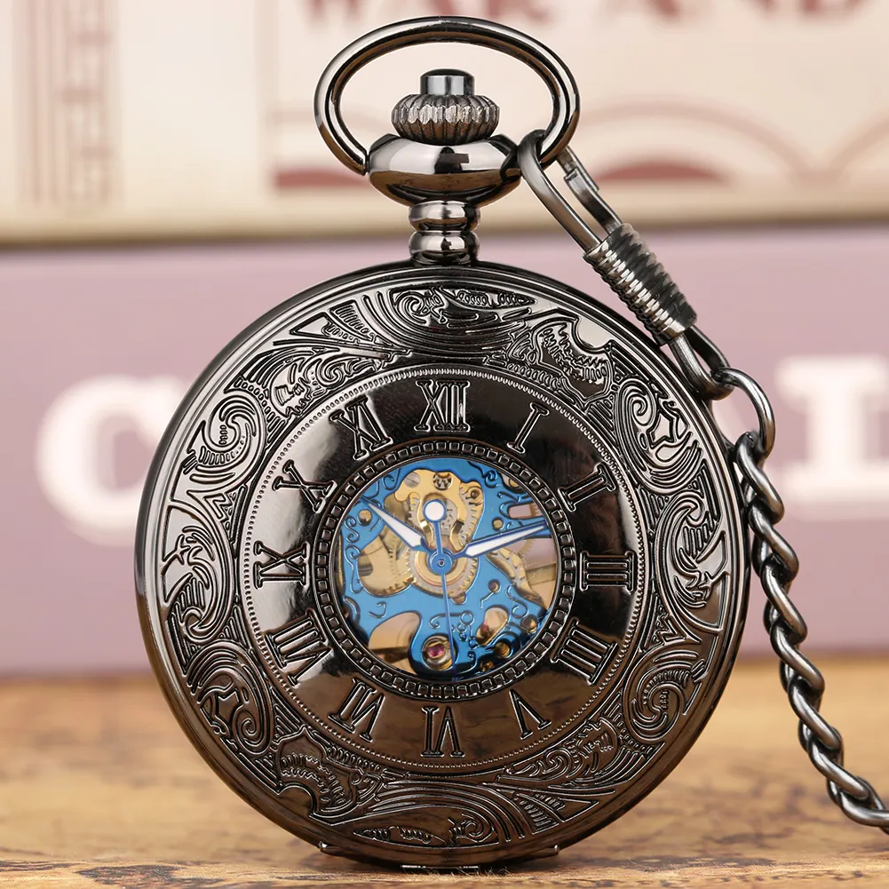 Steampunk Black Skeleton Mechanical Pocket Watches Roman Dial Flip Affordable Manual Wind Mechanical Watches for Men Women